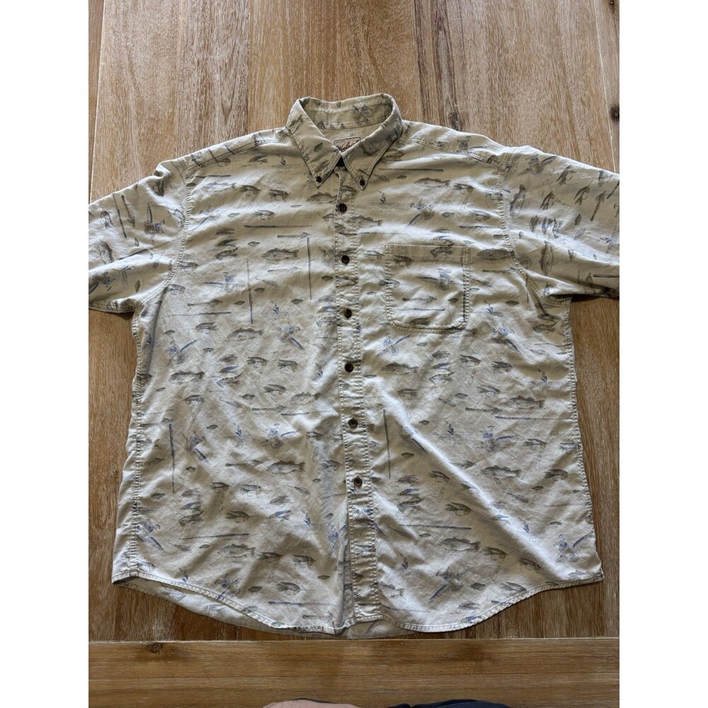 Woolrich Shirt Mens 2XL Beige Fish Print Fishing Short Sleeve Cotton Button Down